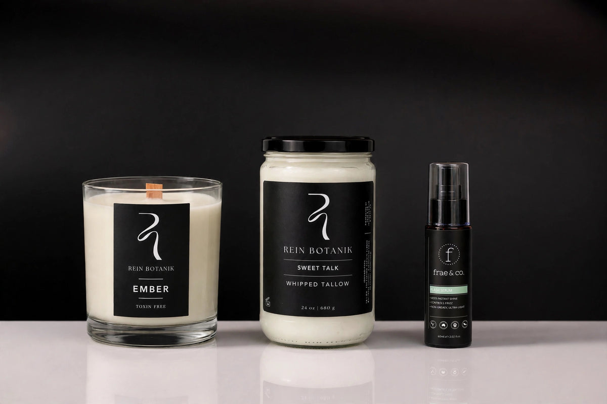 The Glow Trio - Ember candle, Sweet Talk whipped tallow, and Flash Serum